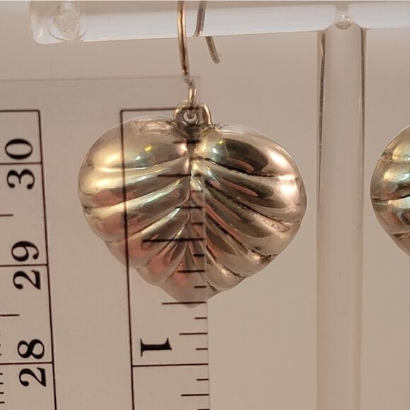 Vintage Sterling Puffy Leaf Heart Drop Earrings - Picture 6 of 6
